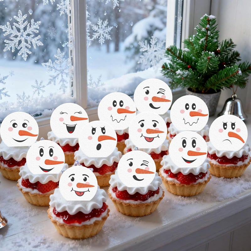 Fyeoxle 36PCS Snowman Face Cupcake Toppers Wafer Paper Winter Snows Cupcake Decor Snowman Dessert Picks for Merry Christmas Theme Holiday Party Baby Shower Supplies - Image 5